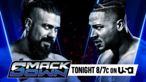 A match graphic featuring Andrade and Carmelo Hayes for WWE Friday Night SmackDown.