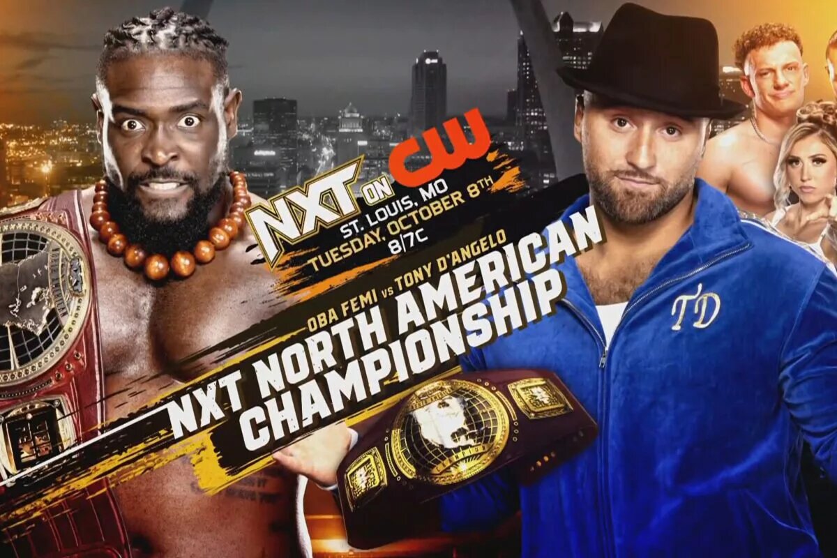 A WWE NXT match graphic featuring Oba Femi and Tony D'Angelo.