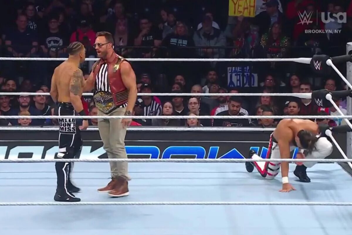 A match graphic featuring LA Knight, Andrade, and Carmelo Hayes on WWE SmackDown.