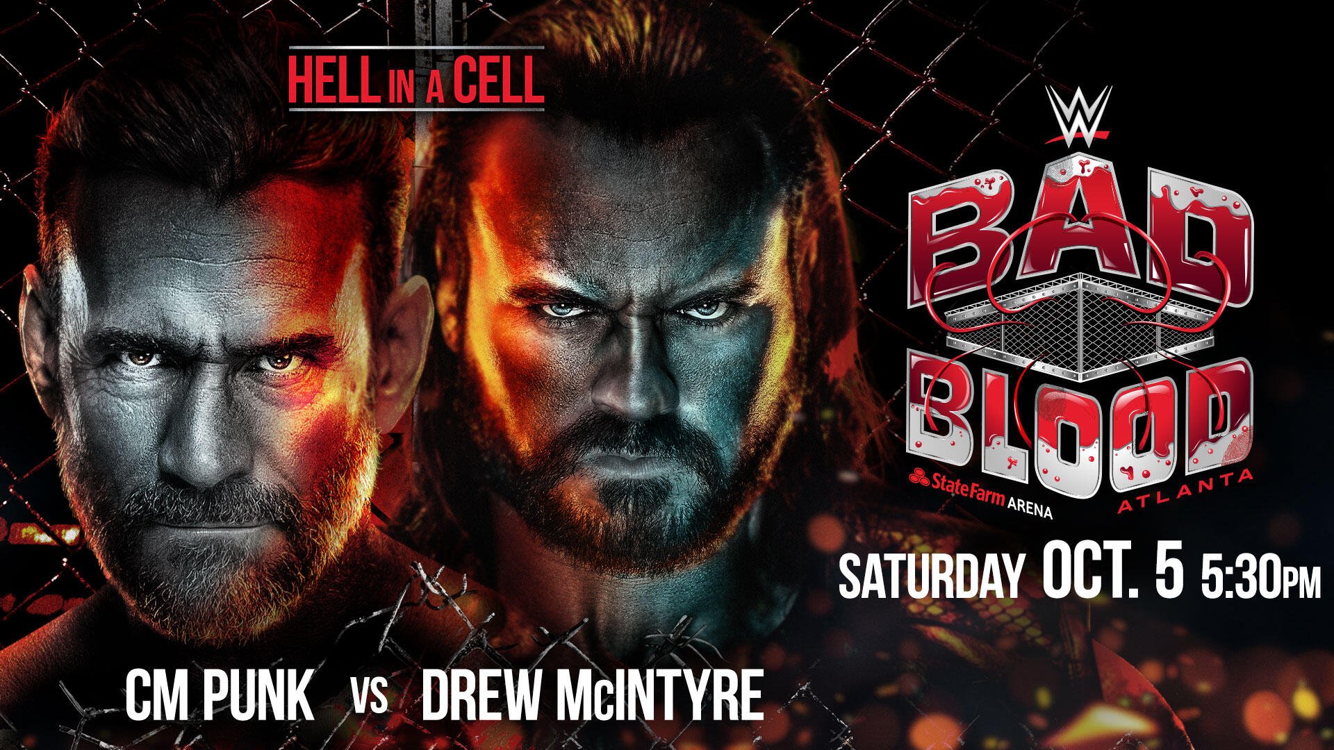 A WWE Bad Blood 2024 match graphic featuring CM Punk and Drew McIntyre for their "Hell in a Cell" Match.