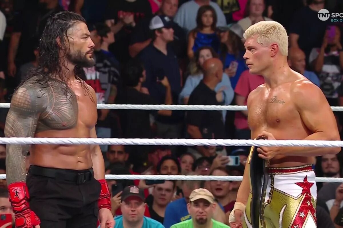 A match graphic from WWE Bad Blood 2024 featuring Cody Rhodes and Roman Reigns.