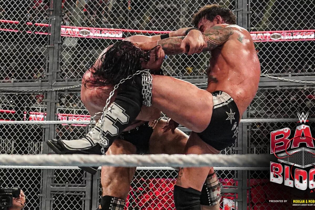 A photo of CM Punk and Drew McIntyre during their "Hell in a Cell" Match at WWE Bad Blood.