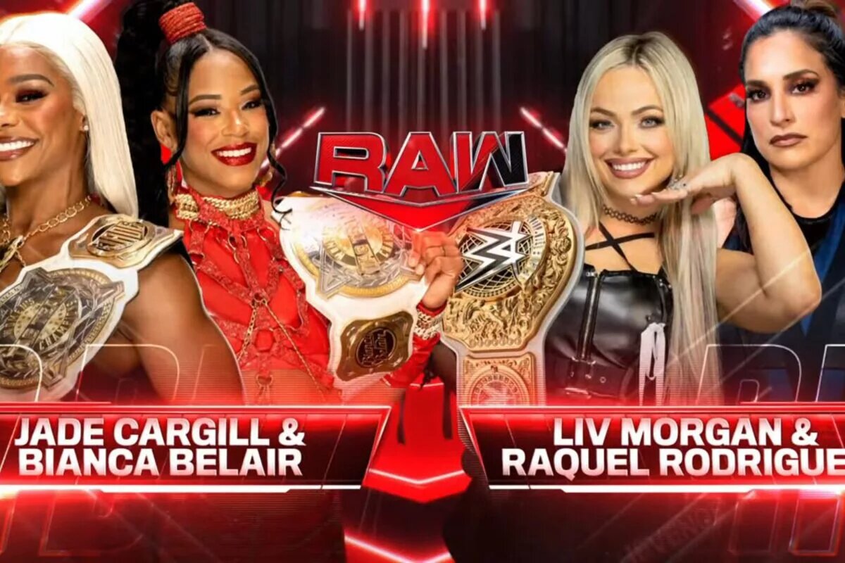 A WWE Raw match graphic featuring Liv Morgan and Raguel Rodrigues vs. Jade Cargill and Bianca Belair.