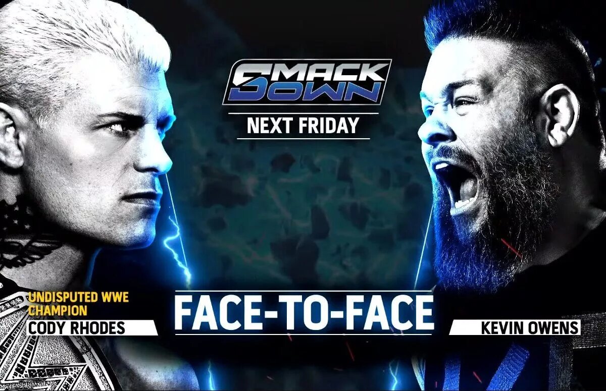 A match graphic featuring Undisputed WWE Champion Cody Rhodes and Kevin Owens for WWE SmackDown.