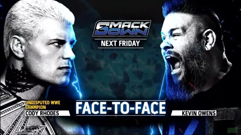 A match graphic featuring Undisputed WWE Champion Cody Rhodes and Kevin Owens for WWE SmackDown.