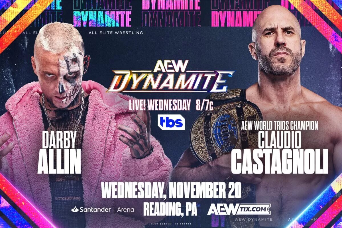 An AEW Dynamite match graphic featuring Darby Allin and Claudio Castagnoli.