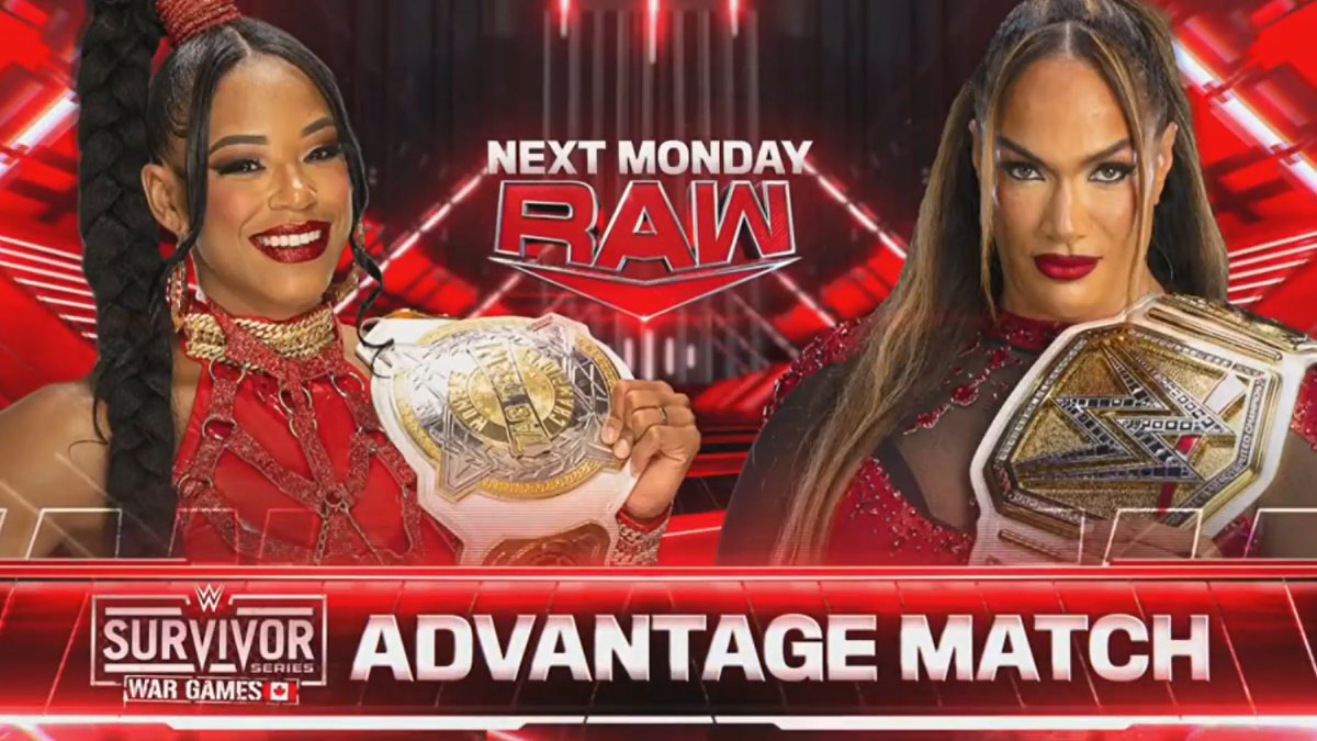 A WWE Raw match graphic featuring Bianca Belair and Nia Jax.