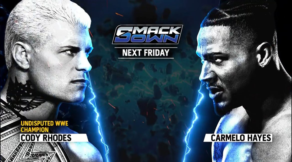 A WWE SmackDown match graphic featuring Cody Rhodes and Carmelo Hayes.