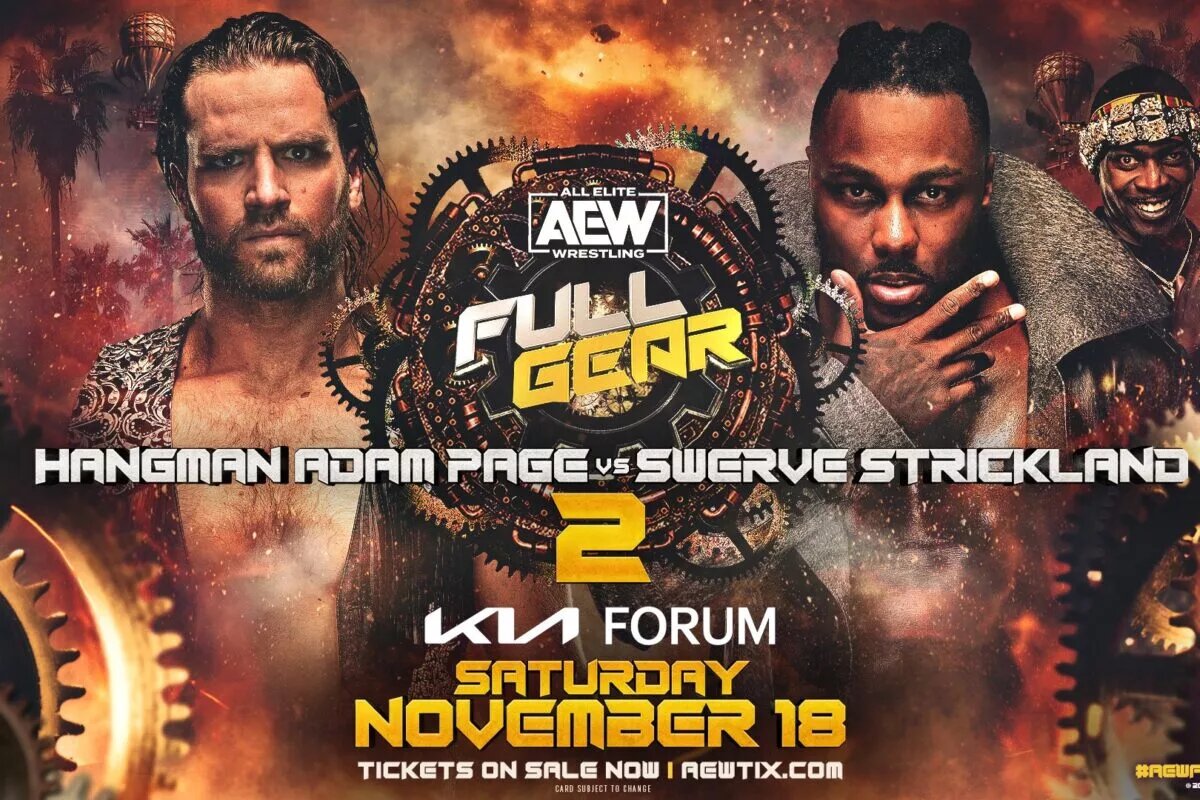 An AEW Full Gear 2023 match graphic featuring Hangman Page and Swerve Strickland.