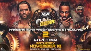 An AEW Full Gear 2023 match graphic featuring Hangman Page and Swerve Strickland.