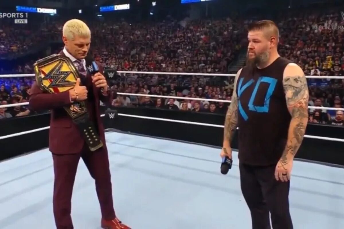 A photo from WWE SmackDown featuring Kevin Owens and Cody Rhodes.