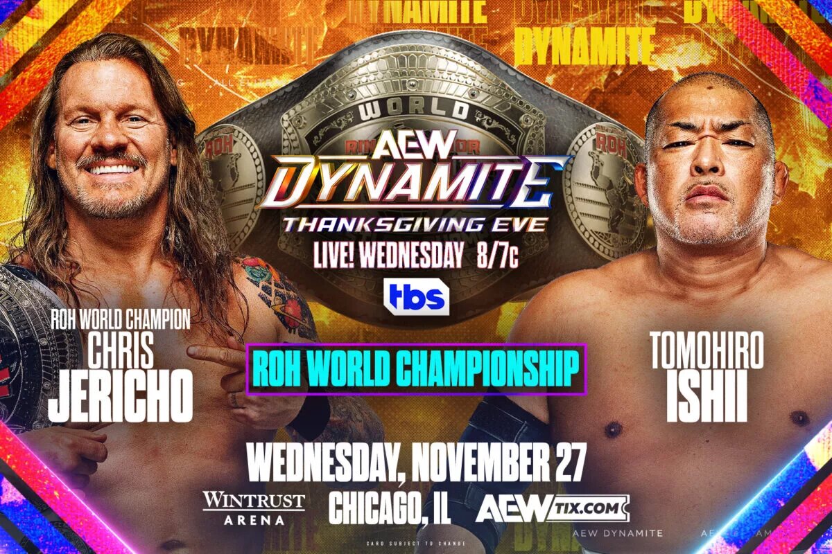 An AEW Dynamite match graphic featuring an ROH World Championship match between Chris Jericho and Tomohiro Ishii.