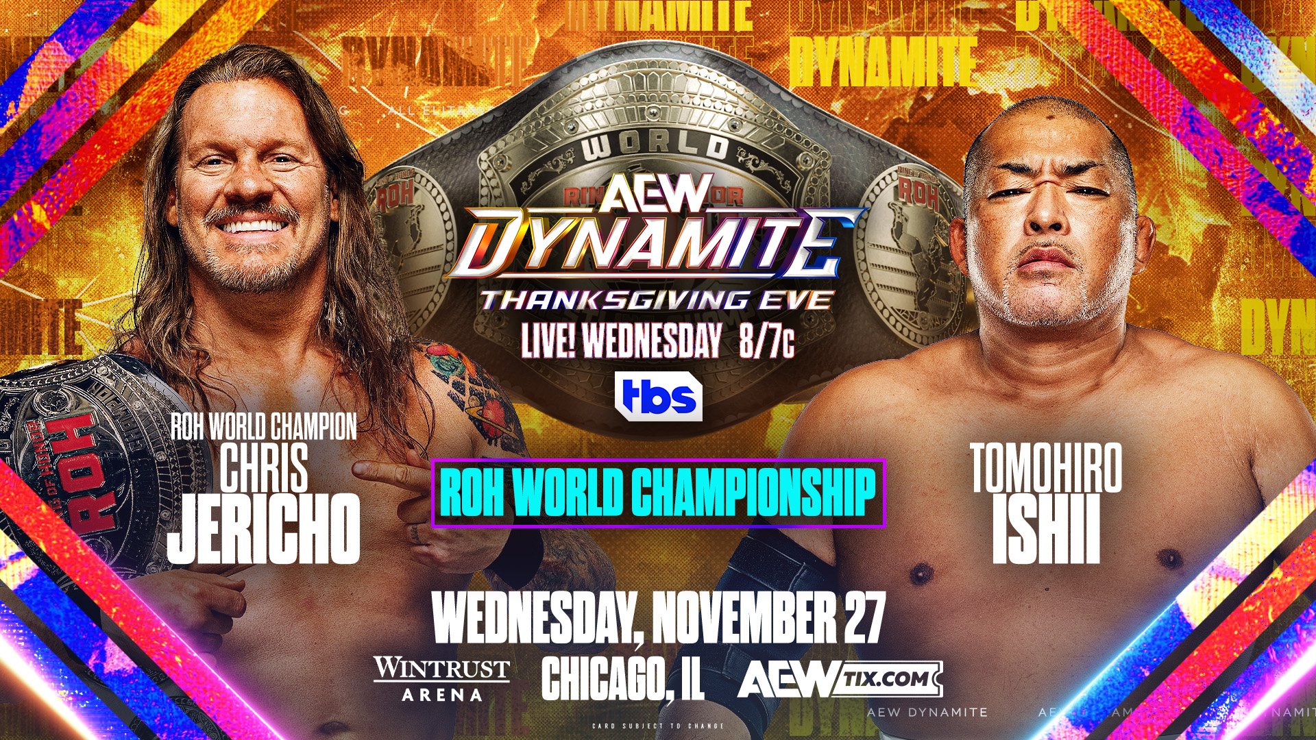 An AEW Dynamite match graphic featuring an ROH World Championship match between Chris Jericho and Tomohiro Ishii.