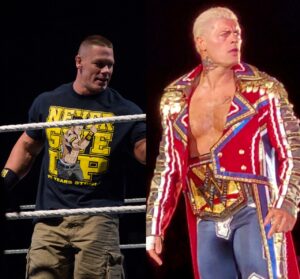 A photo of WWE Superstars, and potential WWE WrestleMania 41 opponents, Cody Rhodes and John Cena.