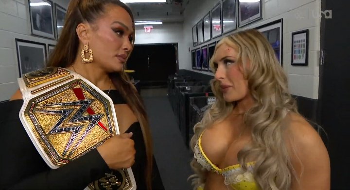 A photo of WWE Women's Champion Nia Jax and Ms. Money in the Bank Tiffany Stratton from WWE SmackDown.