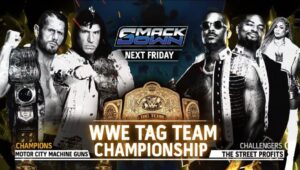 A WWE SmackDown match graphic featuring WWE Tag Team Champions Motor City Machine Guns (MCMG) and The Street Profits.