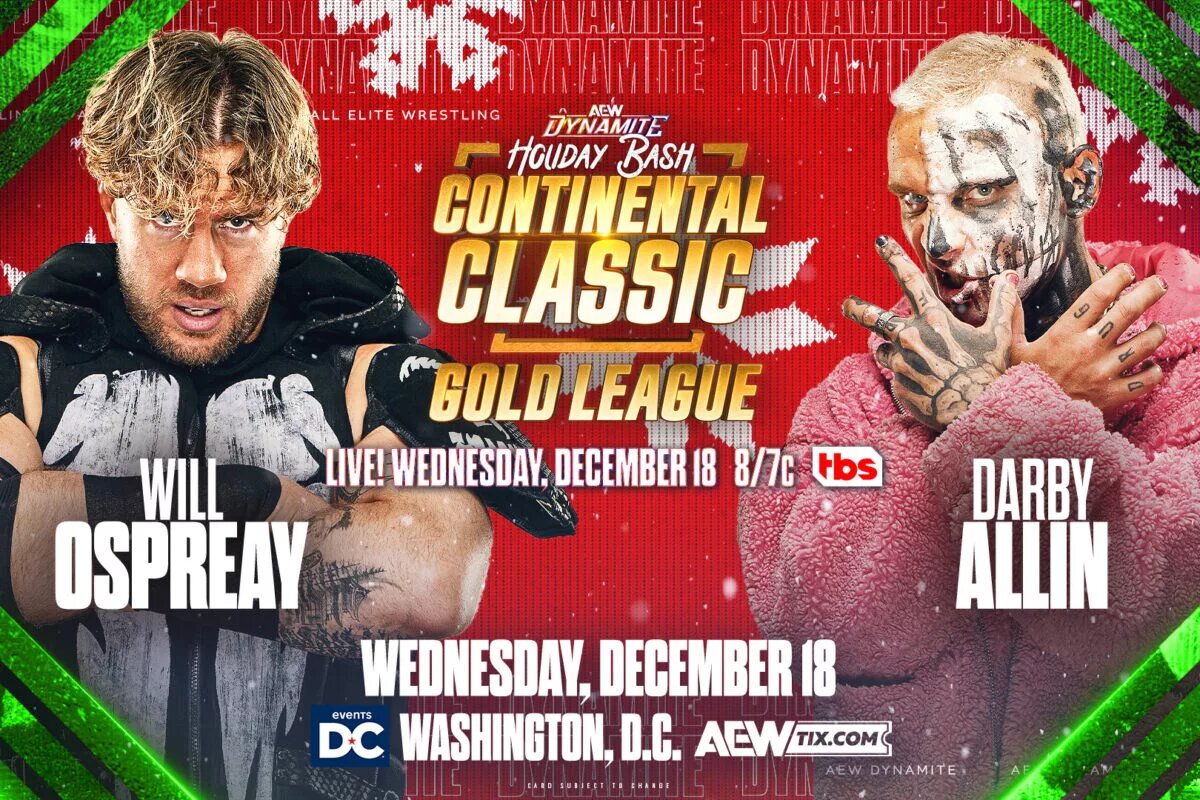 A match graphic featuring Will Ospreay and Darby Allin for AEW Dynamite: Holiday Bash 2024.