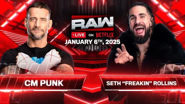 A graphic for the first WWE Raw on Netflix featuring CM Punk and Seth Rollins.