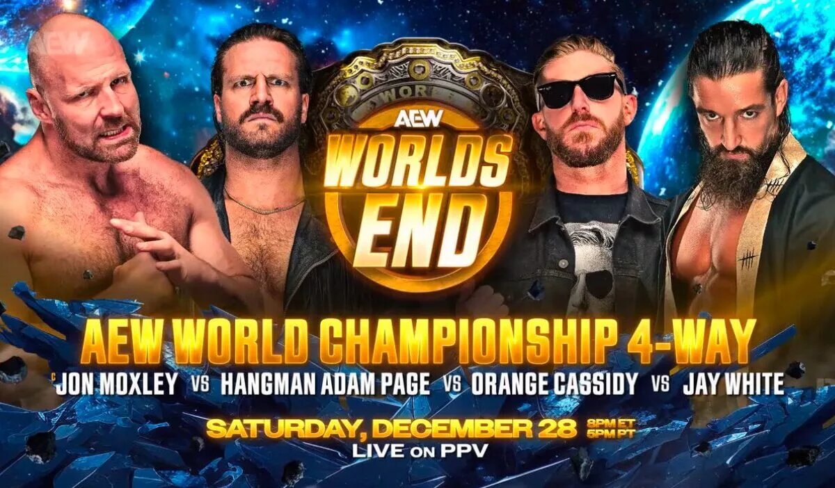 A match graphic featuring AEW World Champion Jon Moxley and his challengers for AEW Worlds End.