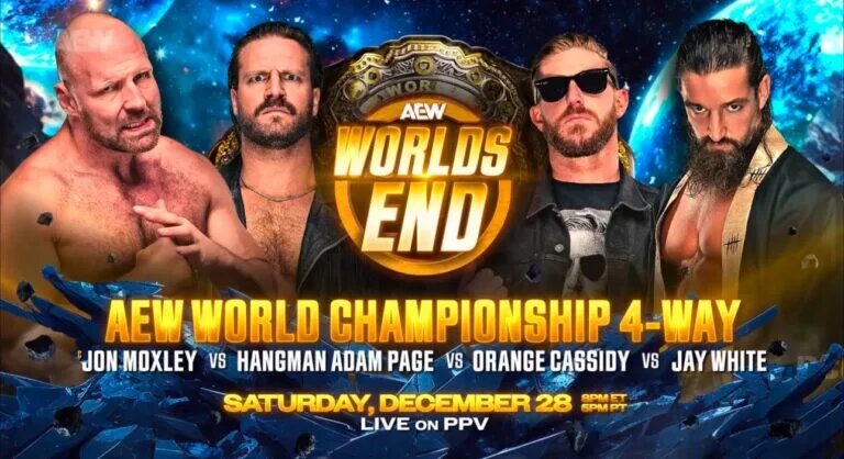 A match graphic featuring AEW World Champion Jon Moxley and his challengers for AEW Worlds End.