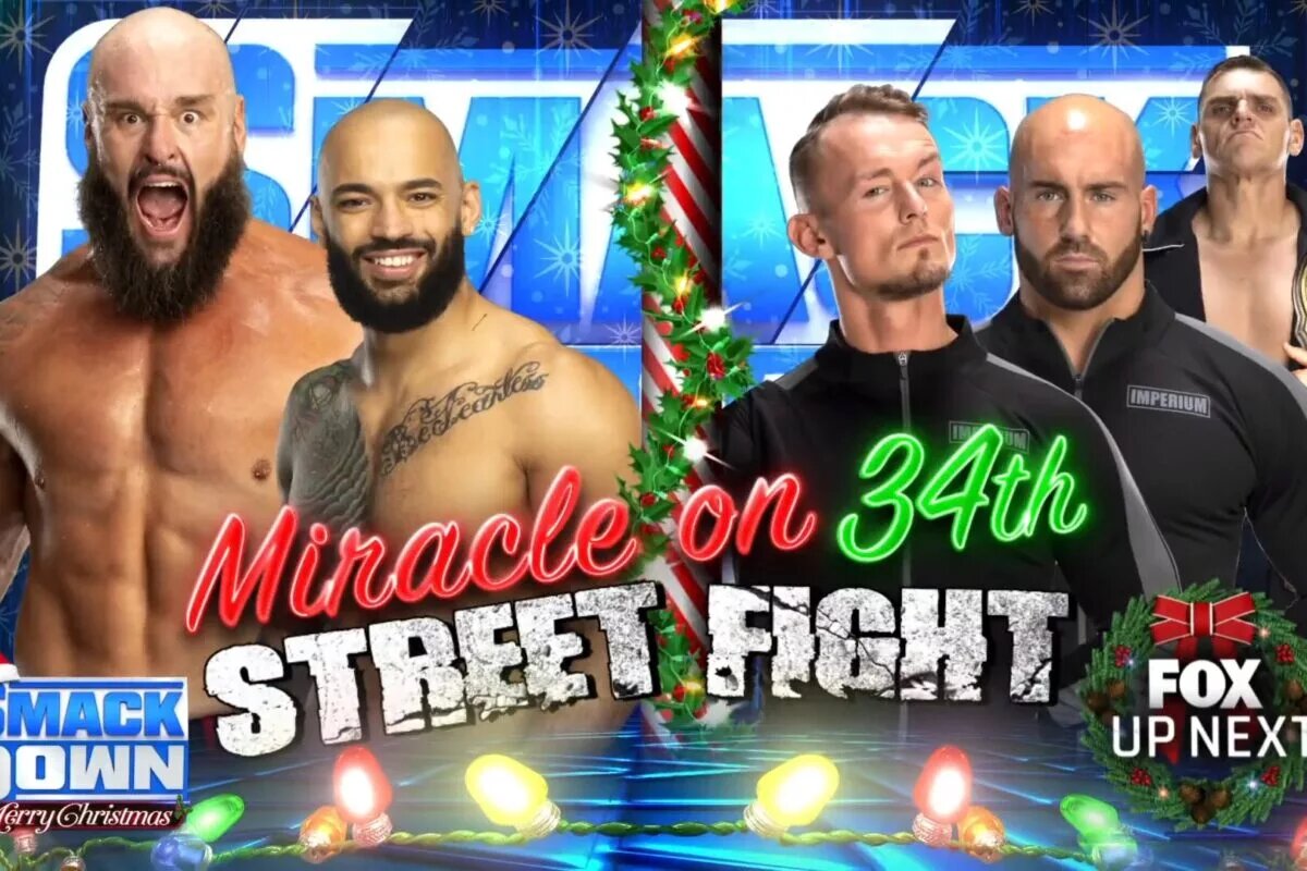 A match graphic for WWE SmackDown hyping up the Miracle on 34th Street Fight in 2023.