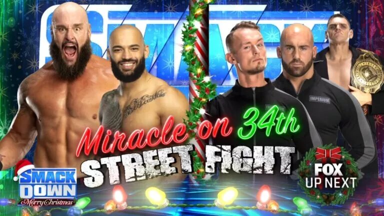 A match graphic for WWE SmackDown hyping up the Miracle on 34th Street Fight in 2023.