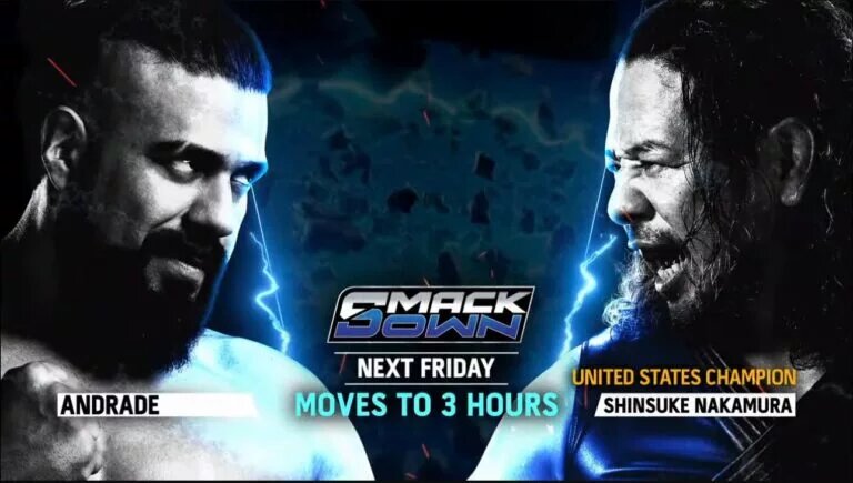 A match graphic featuring Andrade and Shinsuke Nakamura for the first WWE SmackDown of 2025.