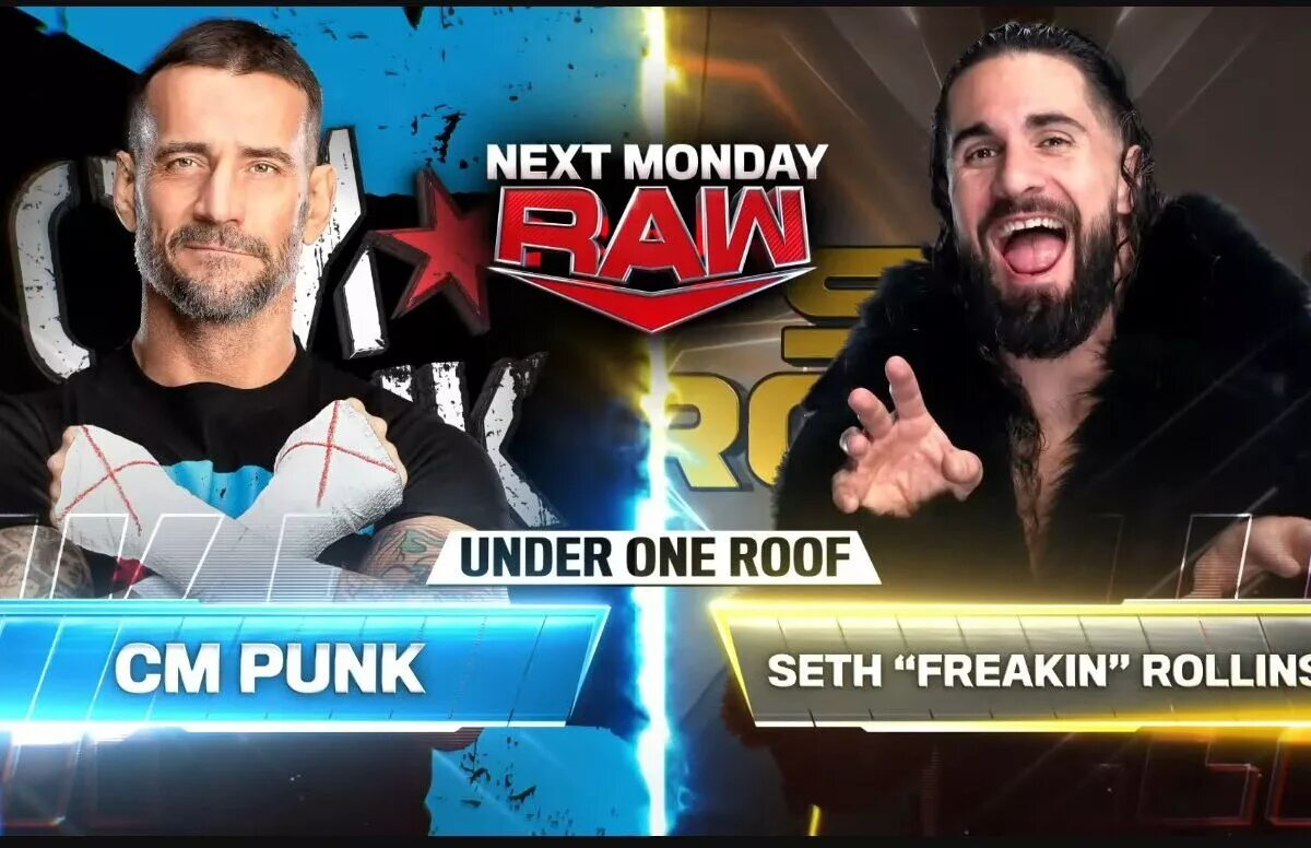 A WWE Raw match graphics featuring CM Punk and Seth Rollins.
