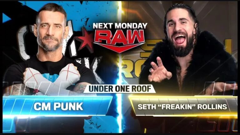 A WWE Raw match graphics featuring CM Punk and Seth Rollins.