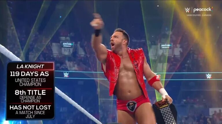 A photo of former WWE United States Champion LA Knight from Survivor Series 2024: WarGames.