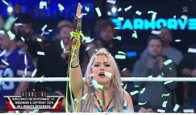 The closing shot of WWE NXT Deadline 2024 featuring Women's Iron Survivor Challenge winner Giulia.