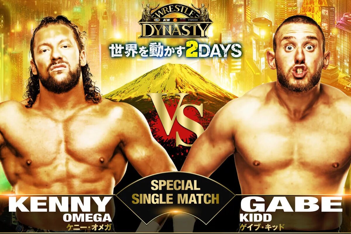 A graphic for NJPW Wrestle Dynasty 2025 featuring Kenny Omega and Gabe Kidd.