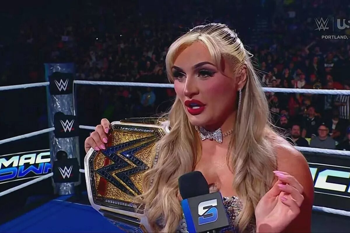 A photo of WWE Women's Champion Tiffany Stratton on WWE SmackDown, before she defends her title at Evolution II.