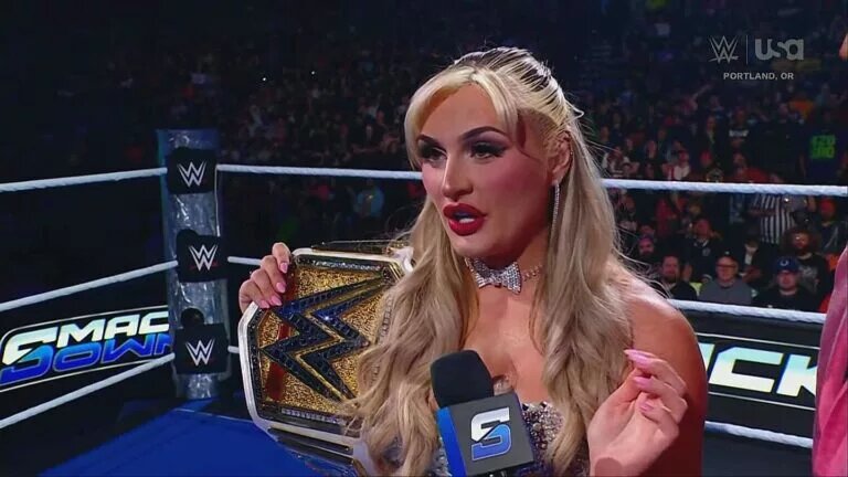 A photo of WWE Women's Champion Tiffany Stratton on WWE SmackDown, before she defends her title at Evolution II.