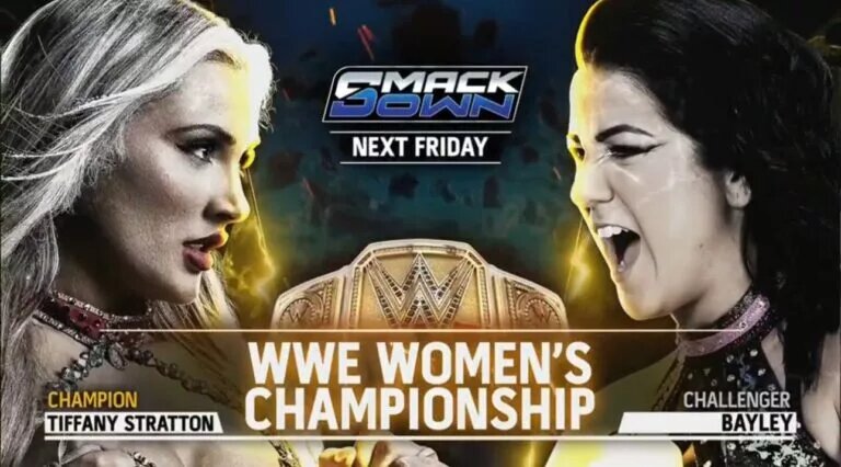 A WWE SmackDown preview banner for January 17th, 2025 featuring WWE Women's Champion Tiffany Stratton and Bayley.