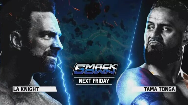 The blog banner image for the WWE SmackDown preview for January 24th, 2025 featuring LA Knight and Tama Tonga.