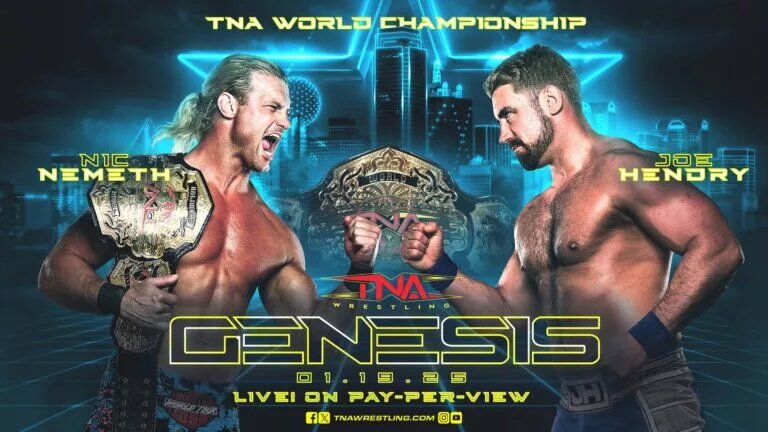 A match graphic for TNA Genesis 2025 featuring WWE NXT.