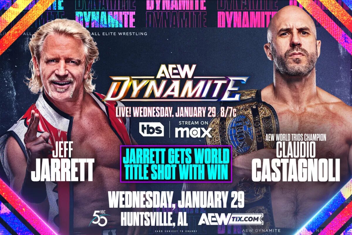 An AEW Dynamite preview graphic for January 27th, 2025 featuring Jeff Jarrett and Claudio Castagnoli.