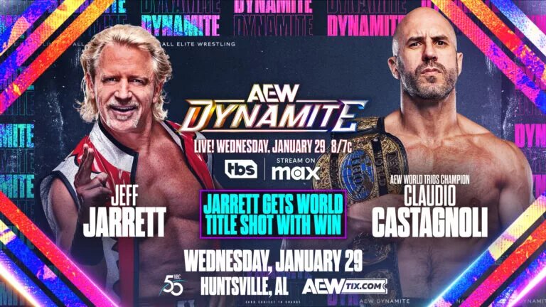 An AEW Dynamite preview graphic for January 27th, 2025 featuring Jeff Jarrett and Claudio Castagnoli.