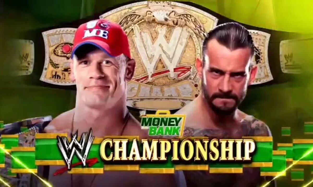 A match graphic for the 2011 WWE Money in the Bank PLE featuring CM Punk and John Cena.