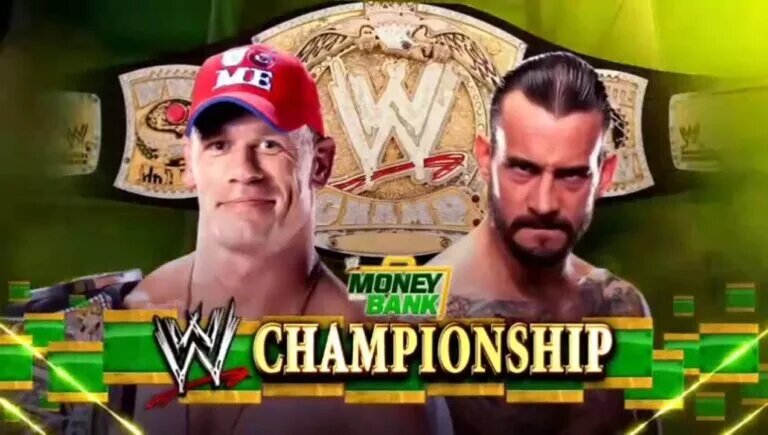A match graphic for the 2011 WWE Money in the Bank PLE featuring CM Punk and John Cena.