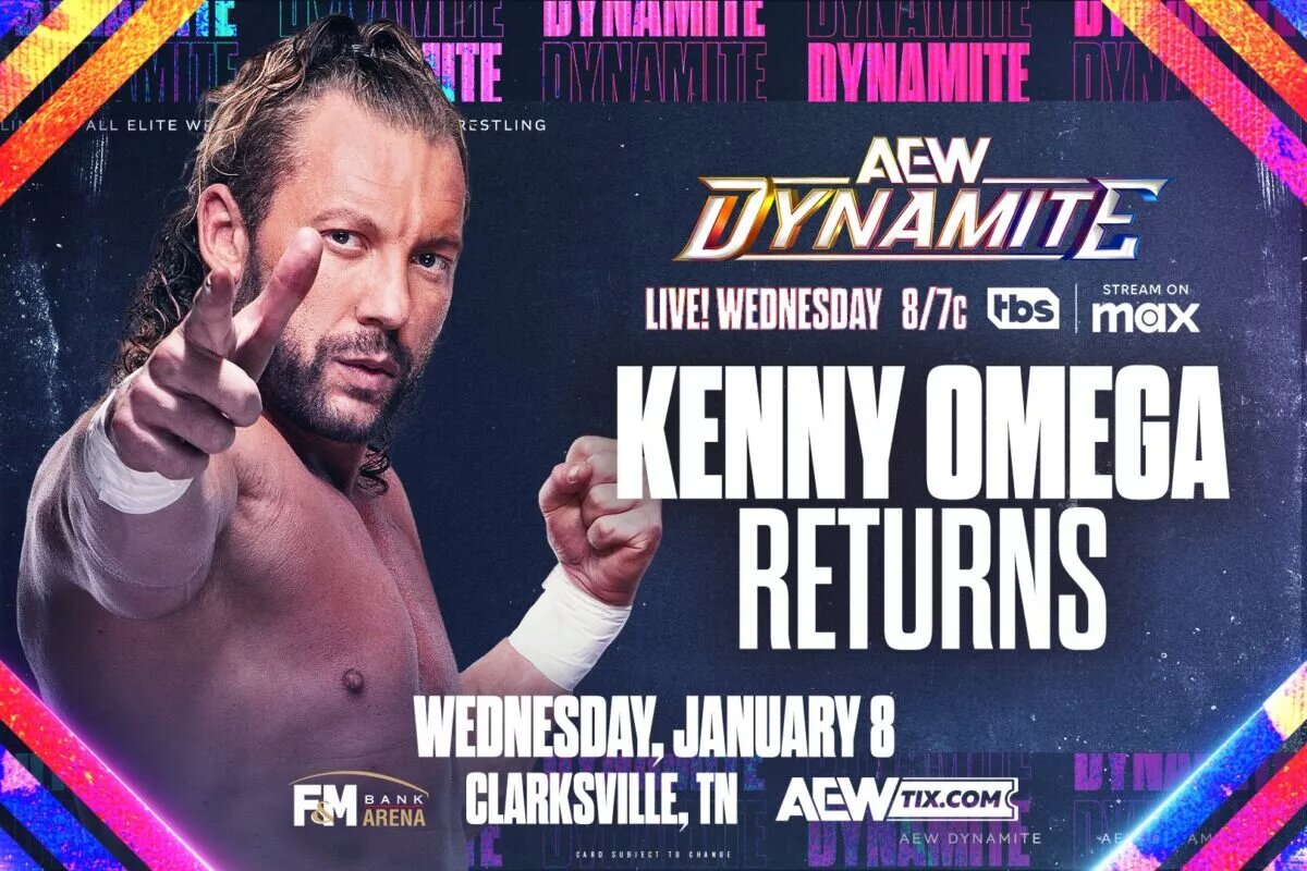 A graphic for AEW Dynamite advertising the 2025 return of Kenny Omega.