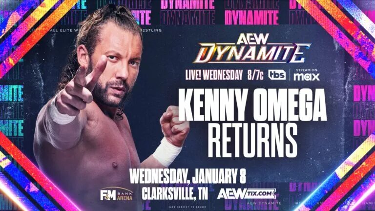 A graphic for AEW Dynamite advertising the 2025 return of Kenny Omega.