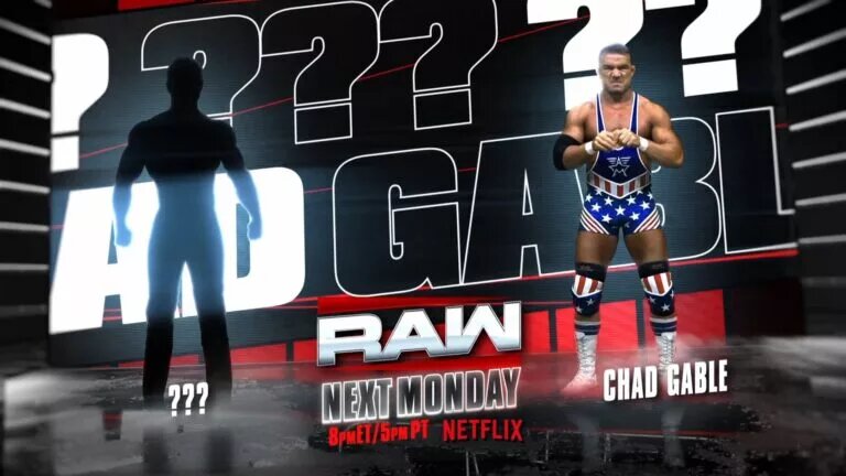 A match graphic for WWE Raw featuring Chad Gable, and a mystery opponent that's potentially Penta.
