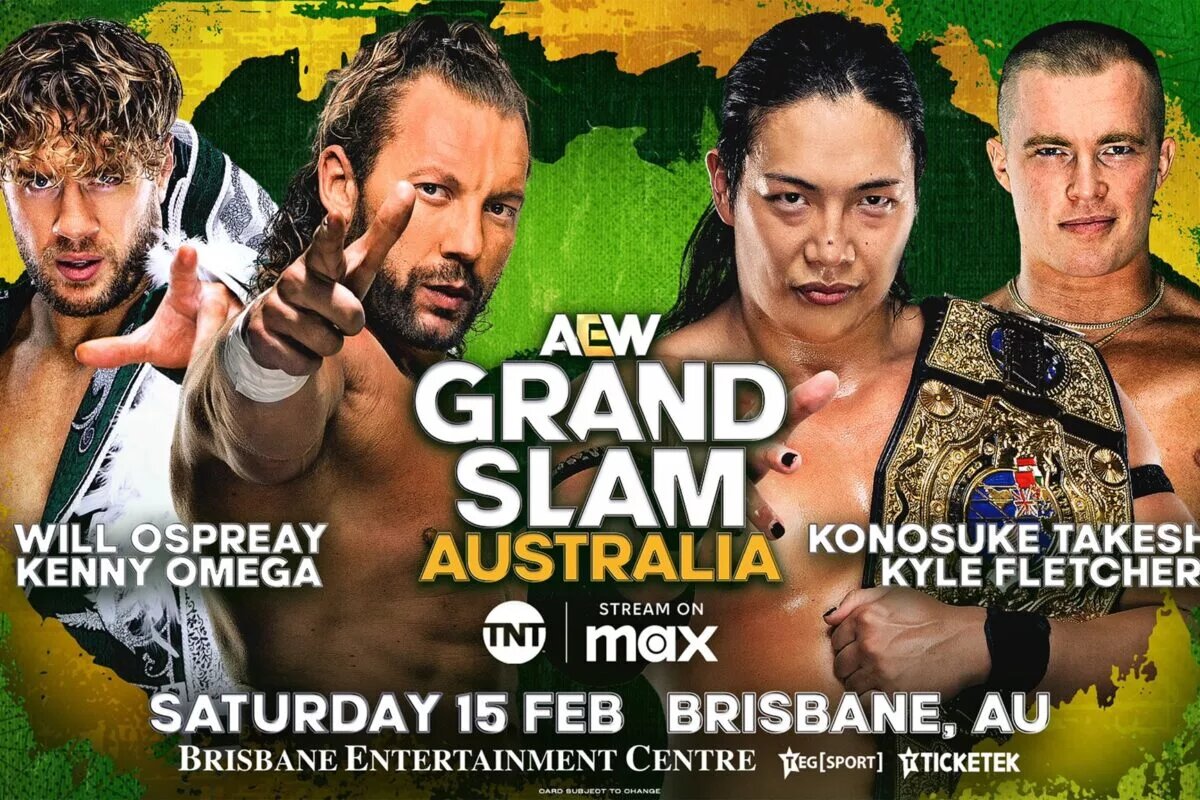 A match graphic for AEW Grand Slam Australia 2025 featuring Kenny Omega, Will Ospreay, Kyle Fletcher, and Konosuke Takeshita.