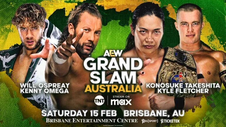 A match graphic for AEW Grand Slam Australia 2025 featuring Kenny Omega, Will Ospreay, Kyle Fletcher, and Konosuke Takeshita.