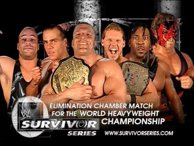 A graphic for the first-ever WWE Elimination Chamber Match from WWE Survivor Series 2002.