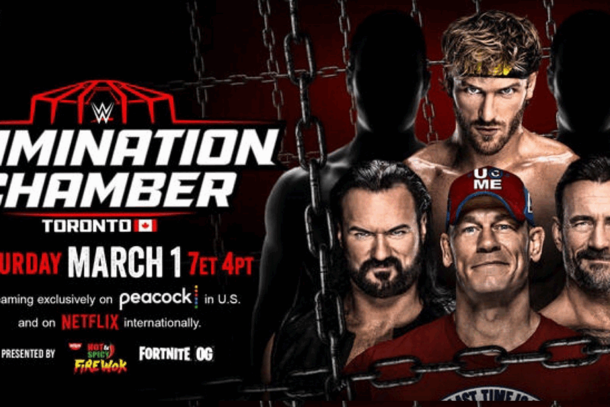 A graphic for the Men's 2025 WWE Elimination Chamber Match.