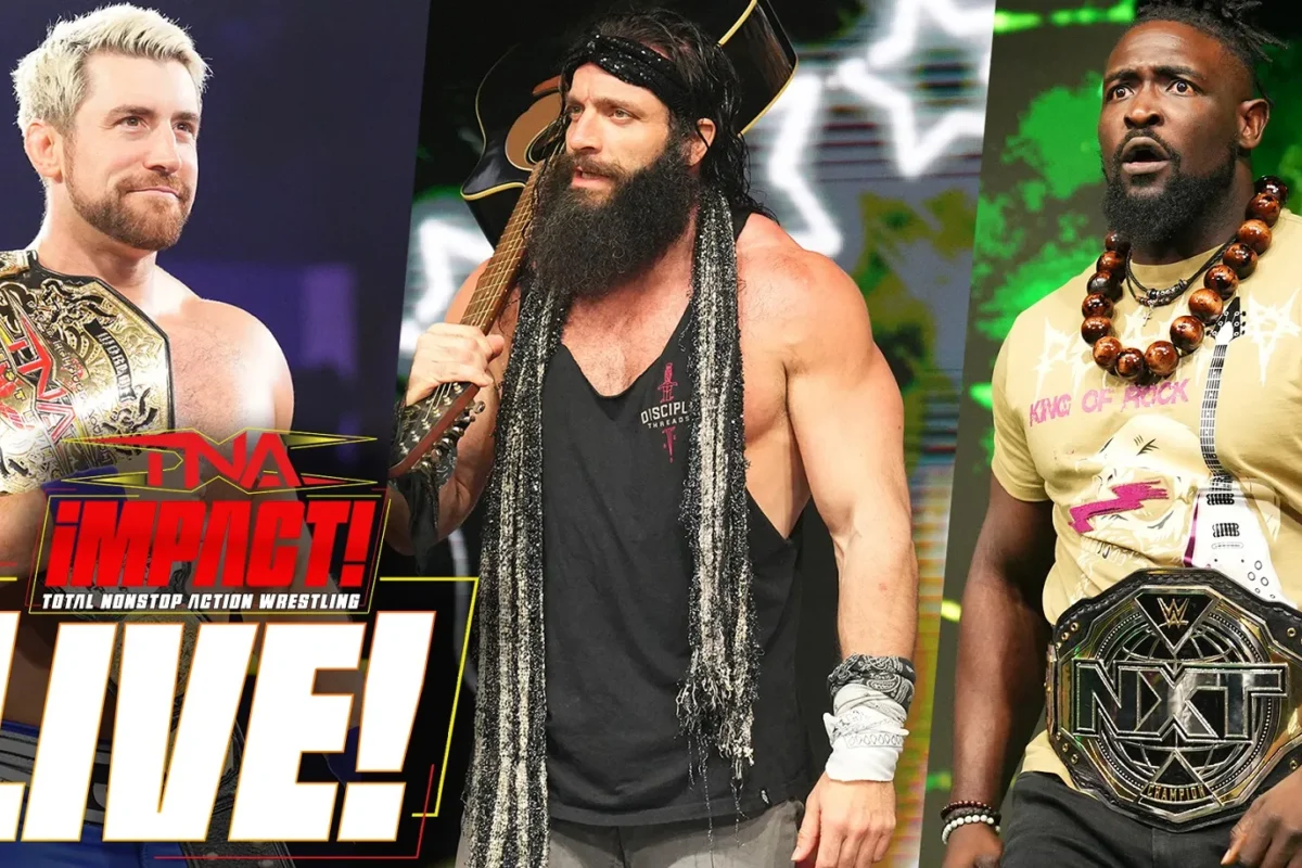 iMPACT live graphic showing Oba Femi, Elijah, and Joe Hendry. The Colons debuted on the show.