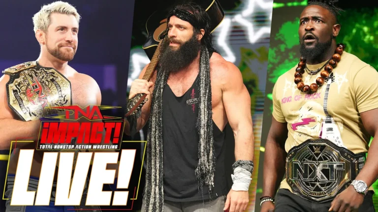 iMPACT live graphic showing Oba Femi, Elijah, and Joe Hendry. The Colons debuted on the show.